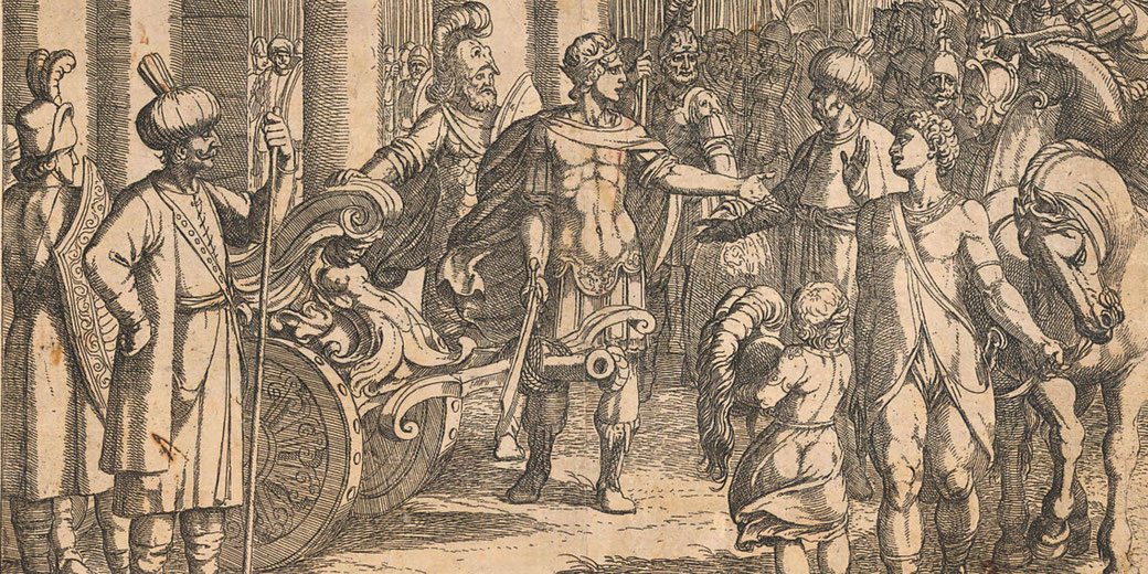 Alexander the Great cutting the Gordian Knot. He stands in armor with a sword, surrounded by onlookers, including Persian figures in turbans and soldiers in helmets.