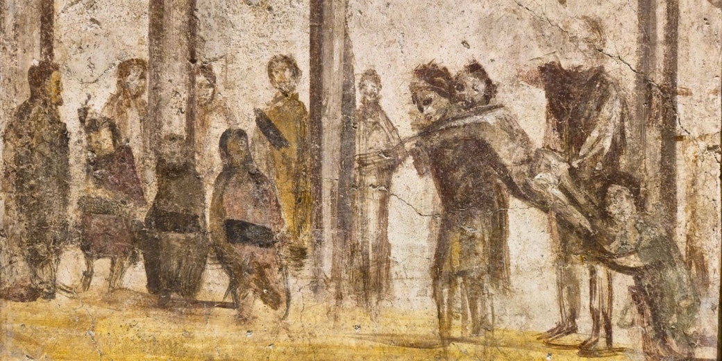Ancient Roman fresco depicting a group of figures in robes, with one person seemingly being supported or carried, surrounded by onlookers in a columned setting.