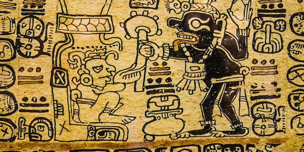 An ancient Mesoamerican codex illustration with intricate glyphs and figures. A seated man interacts with a deity-like figure in elaborate attire, possibly depicting a ritual or divine communication.