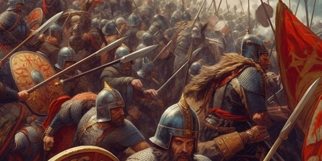 A fierce medieval battle with armored warriors clashing in close combat. Soldiers wield spears and swords, shields adorned with intricate designs, and banners waving amid the chaotic melee.