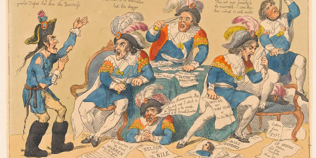 A satirical print showing British forces humiliating French political figures, using exaggerated caricatures and chaotic action to critique revolutionary politics and celebrate British power.