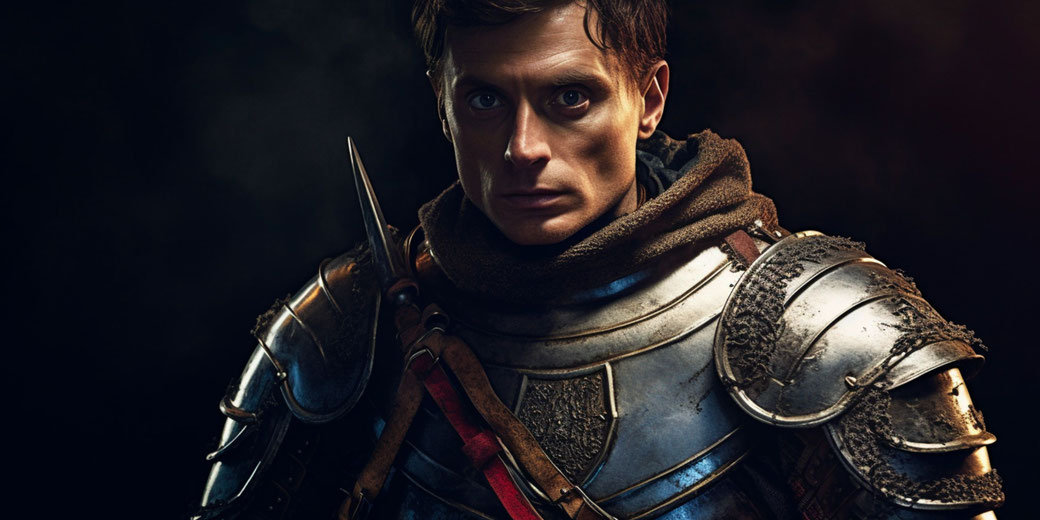 A determined medieval knight in battle-worn armor stares intensely. 
