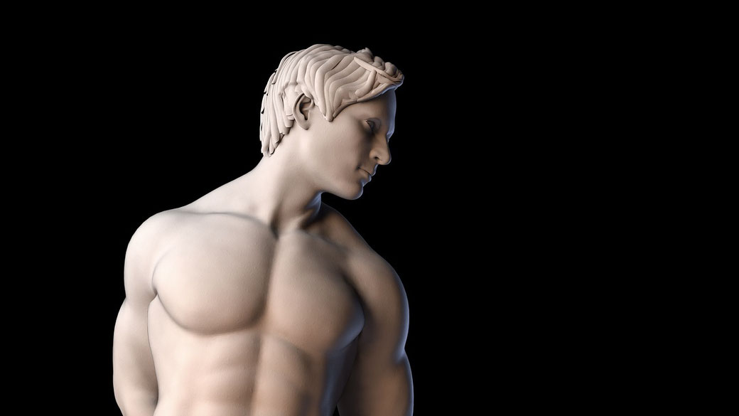 Modern digital rendering of a muscular male statue with stylized hair, looking downward against a black background.