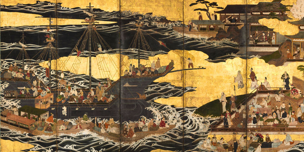 Japanese folding screen painting depicts a bustling harbor scene with large ships, merchants, and aristocrats.