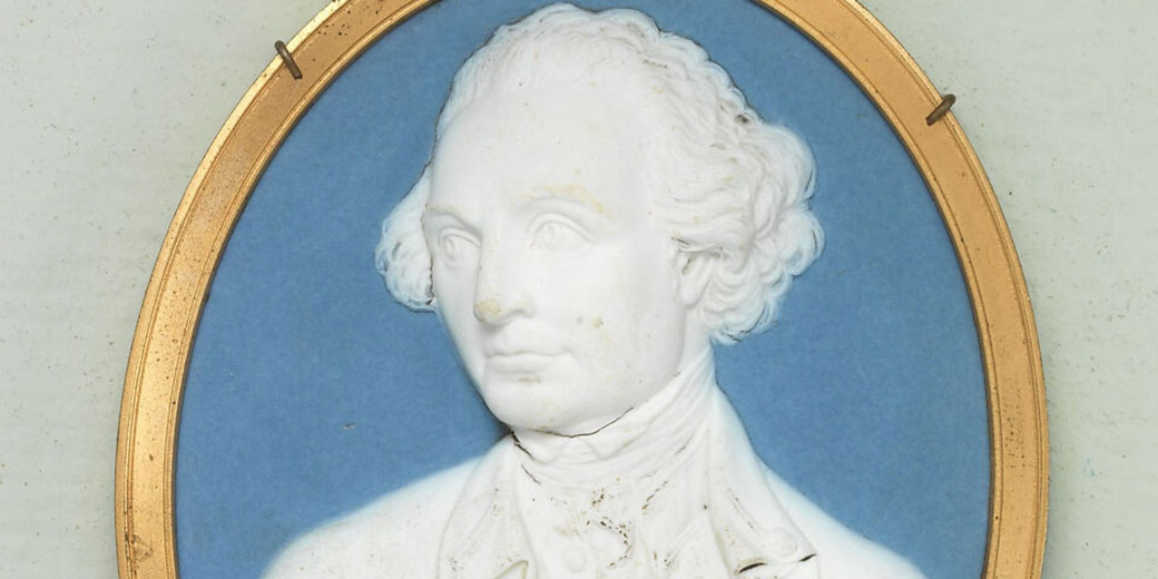 Wedgwood jasperware portrait medallion of James Cook, useful for introducing Cook as a British naval officer.