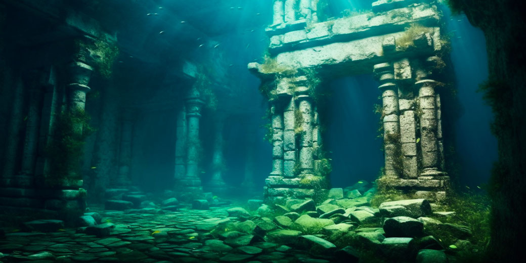 Underwater ruins with ancient stone columns and archways covered in moss and algae. Sunlight filters through, illuminating the remnants of what appears to be a lost civilization.