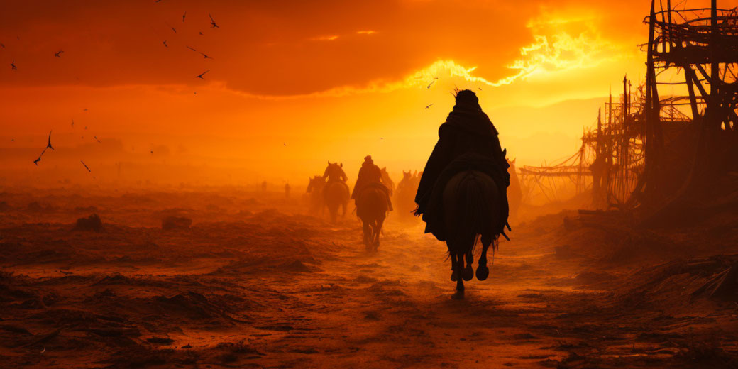Riders on horseback move through a dusty path at sunset, silhouetted against a fiery orange sky with scattered birds and structures.