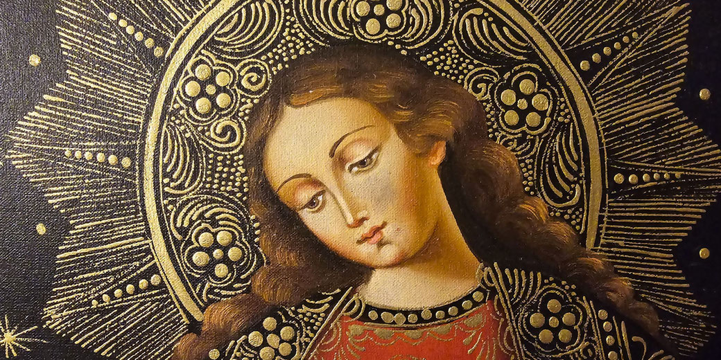 A richly detailed painting of a young Virgin Mary with flowing hair, a serene expression, and a golden halo adorned with intricate patterns, evoking a sense of divine elegance.