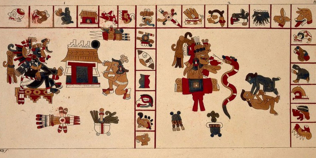 An ancient Mesoamerican codex illustration, likely from the Mixtec or Aztec tradition. It depicts deities, warriors, and symbolic imagery, possibly narrating a mythological or historical event.