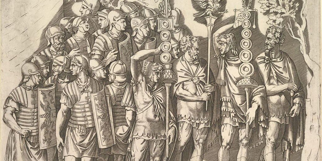 16th-century engraving by Marco Dente depicting Roman soldiers from Trajan's Column, part of a series celebrating Rome's grandeur.