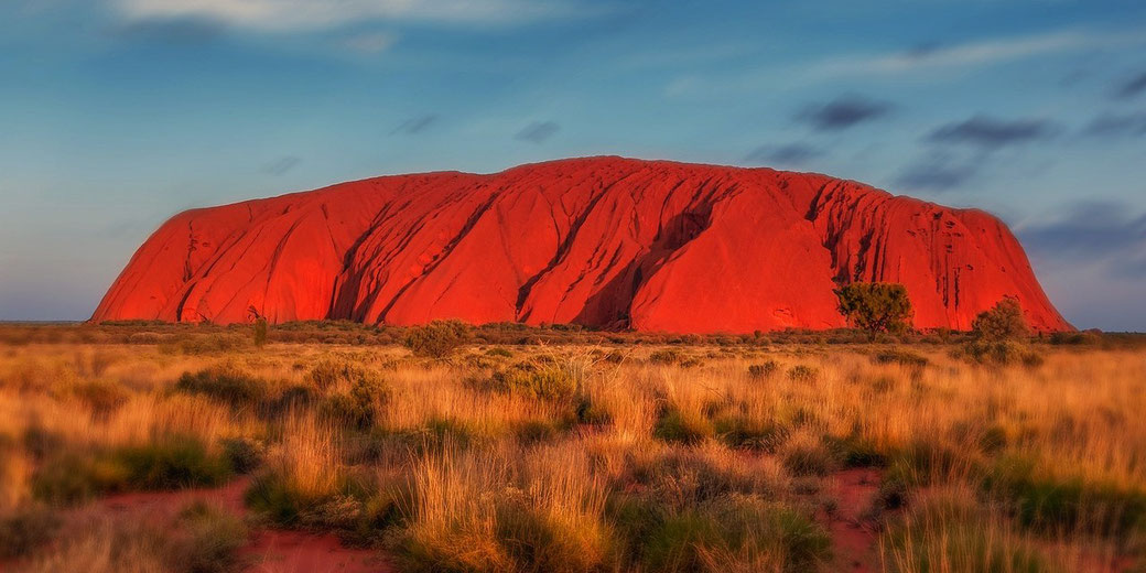 Uluru glows red in the late sunlight, rising from the flat desert with grassy terrain in the foreground.
