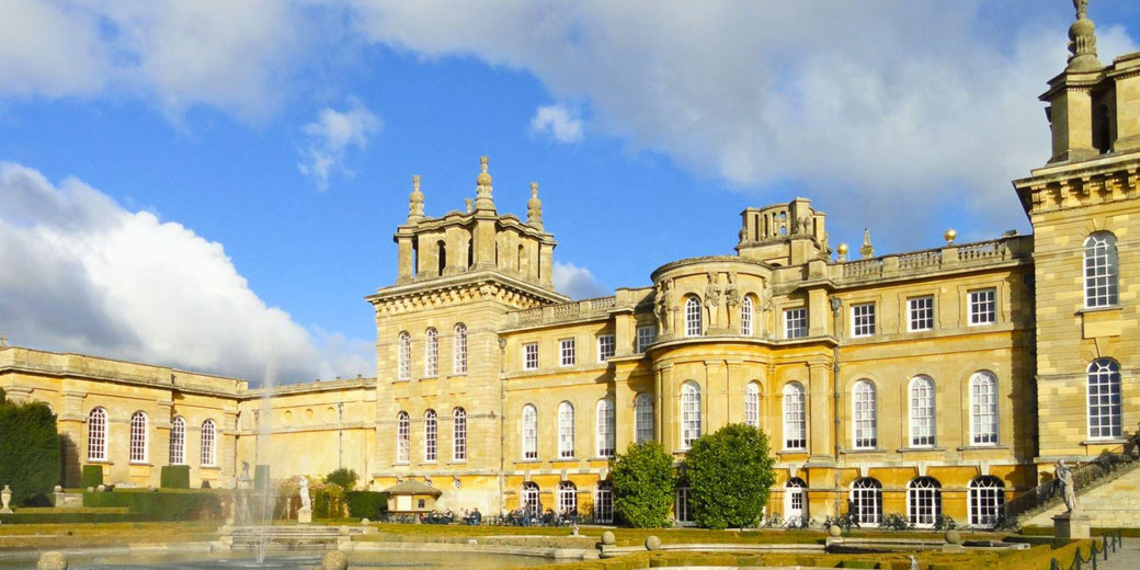 Blenheim Palace in England, a Baroque estate built in the early 18th century. It was the birthplace of Winston Churchill and is a UNESCO World Heritage Site.