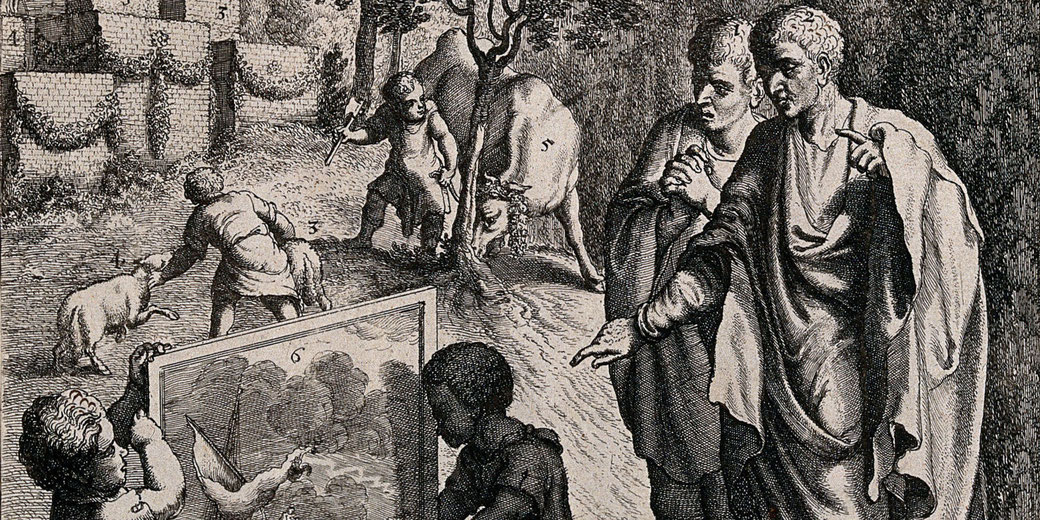An episode in Juvenal's satire XII: in thanks for the escape of their mutual friend Catullus from a shipwreck, Juvenal shows to Corvinus a votive painting depicting Catullus's survival, while putti prepare to sacrifice animals as thank-offerings