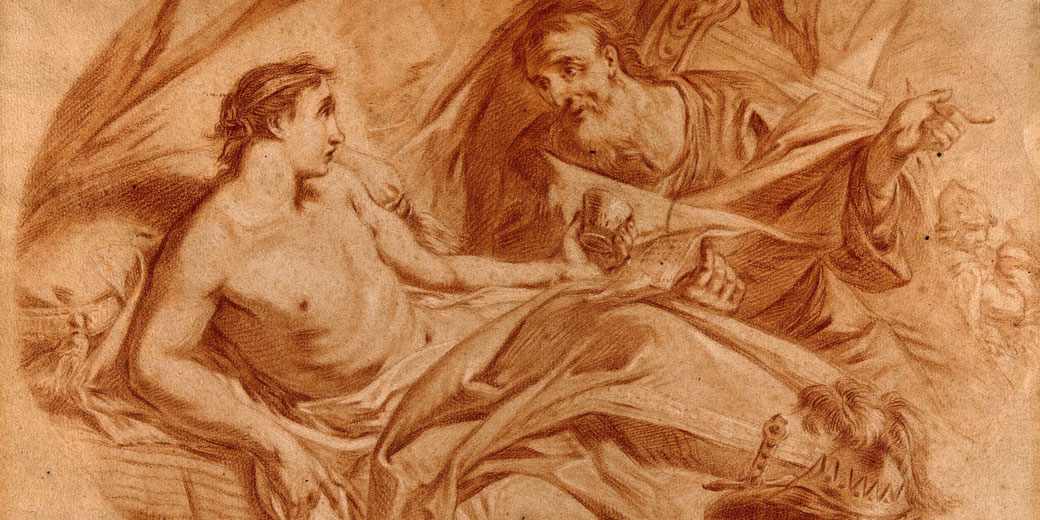 Sepia-toned drawing of a bearded man offering a drink to a reclining, partially draped figure, with flowing garments and expressive gestures.