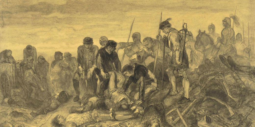 A detailed monochromatic drawing depicts a battlefield scene with soldiers mourning and collecting the dead.