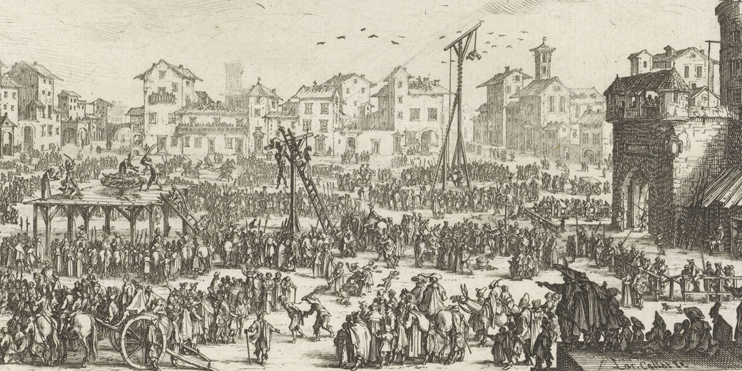 A crowded town square scene depicting multiple public punishments: left a beheading and wheel execution, center two hang from gallows, rear a figure on a saw-horse, and a caged prisoner above.