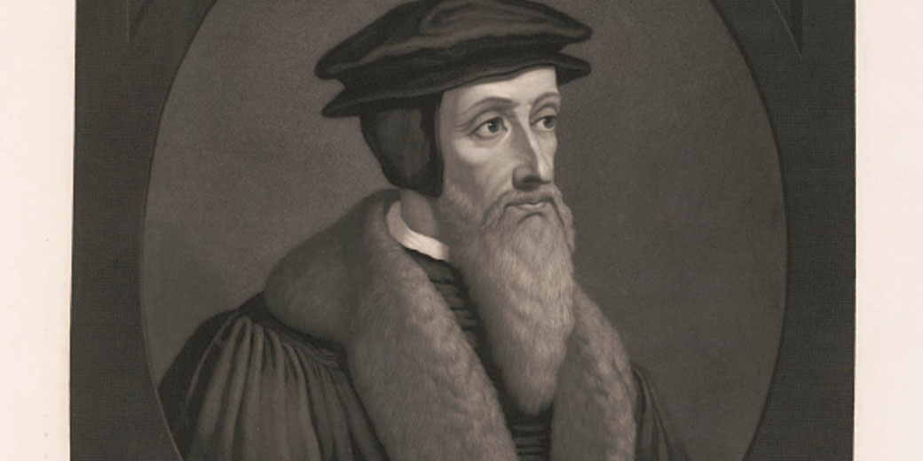 A black-and-white portrait of a bearded man wearing a fur-collared robe and a cap, likely a historical figure from the Reformation era, possibly John Calvin.