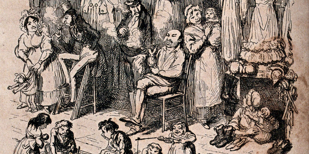 An old illustration depicting various figures, some seated and others standing. People are dressed in 19th-century attire, smoking pipes, and children are playing with toys.