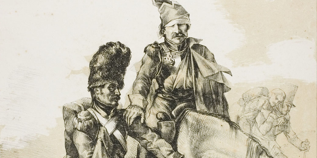 Lithograph by Théodore Géricault depicting two wounded French soldiers returning from Napoleon's failed 1812 Russian campaign.