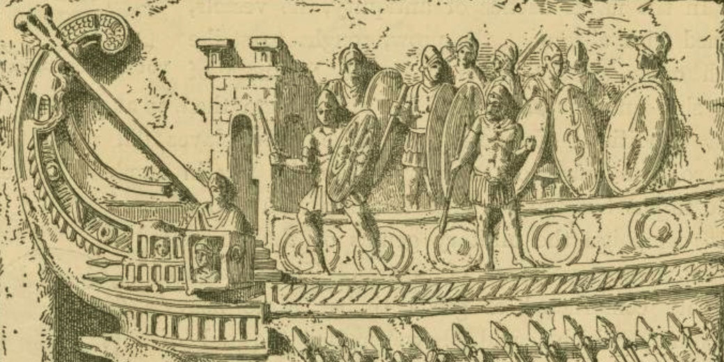 A Roman galley with armed soldiers aboard, holding shields and swords. The ship features ornate decorations, a curved prow, and a row of spears below.