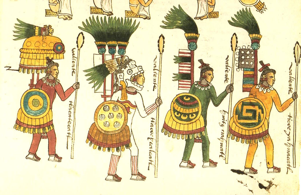 An ancient Aztec codex illustration depicts warriors in elaborate armor with feathered headdresses, shields, and spears.