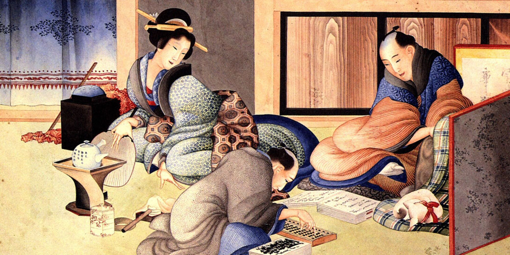 A traditional Japanese painting shows three people indoors reading and writing, dressed in kimonos, with tea items and a small white dog nearby.