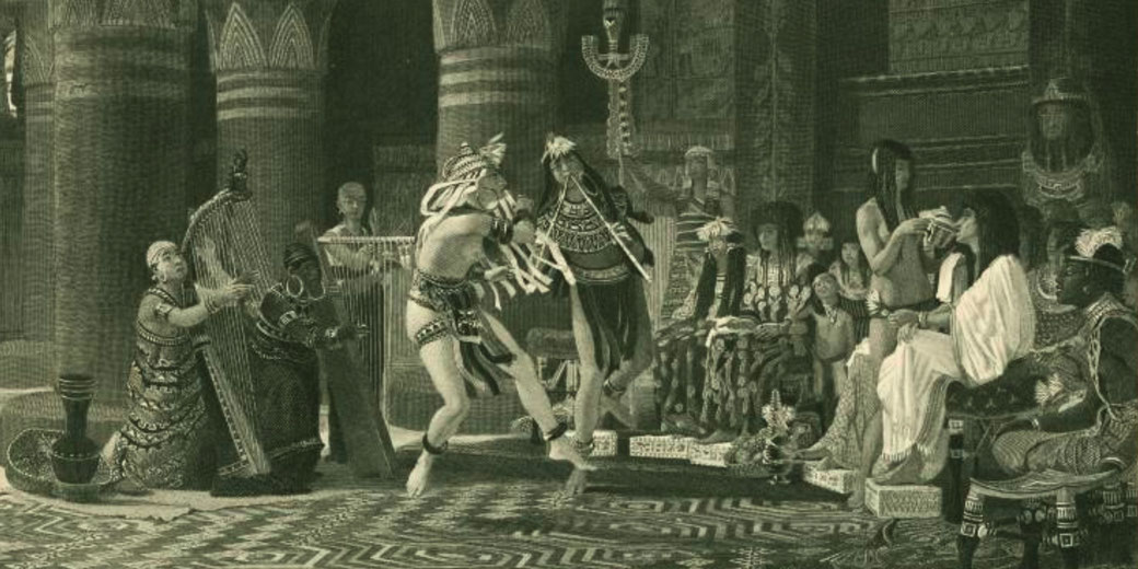 An artistic representation of entertainment in ancient Egypt, featuring musicians, dancers, and noble spectators in an ornate hall, showcasing the cultural and artistic life of the time.