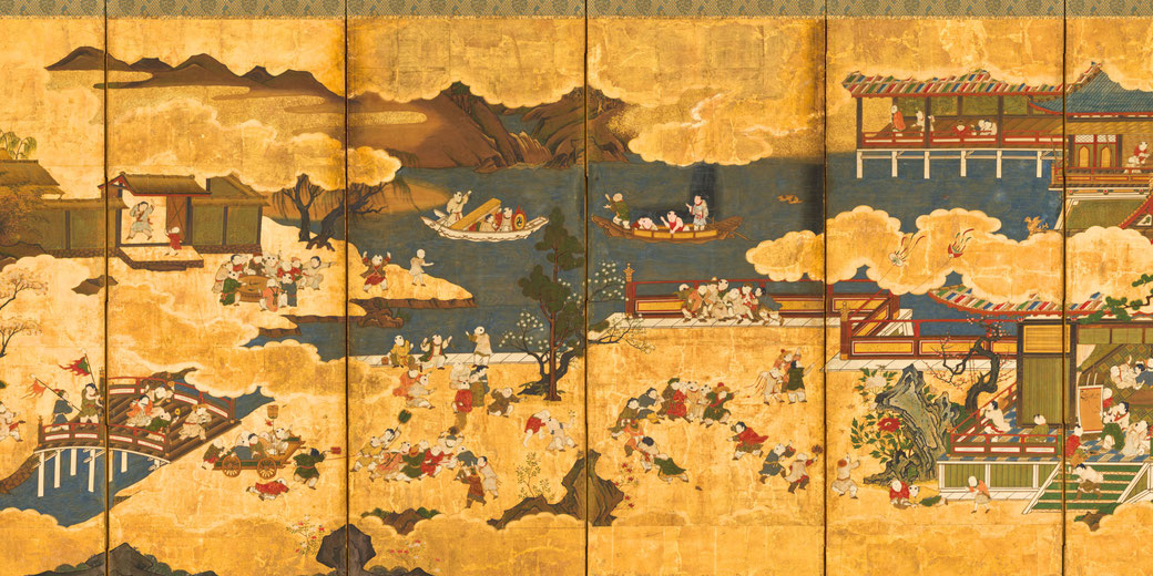 A traditional Japanese folding screen painting depicts "One Hundred Chinese Boys" engaging in various activities in a golden landscape with bridges, boats, and pavilions.