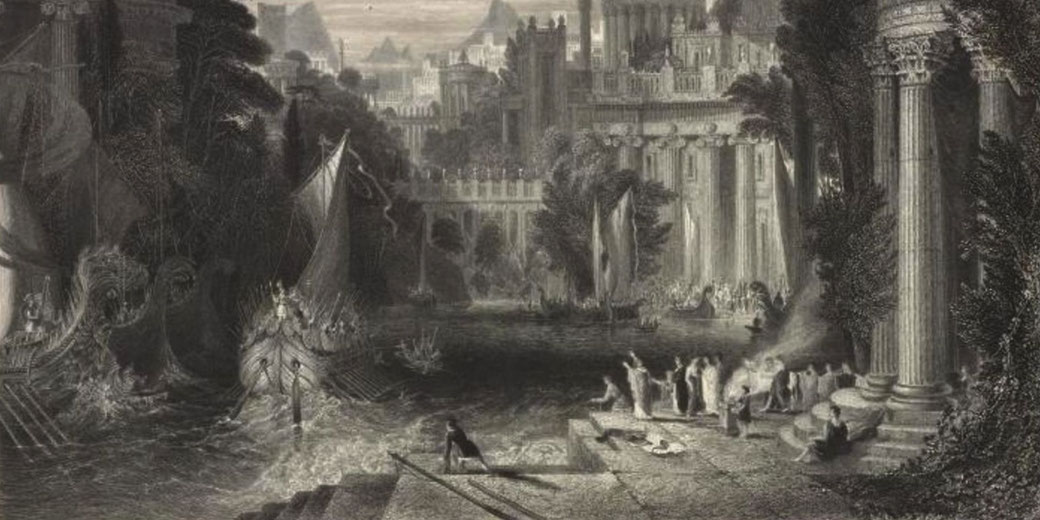 Ancient city with grand classical buildings and columns beside a river, where small boats sail and groups of people gather near steps and ruins.