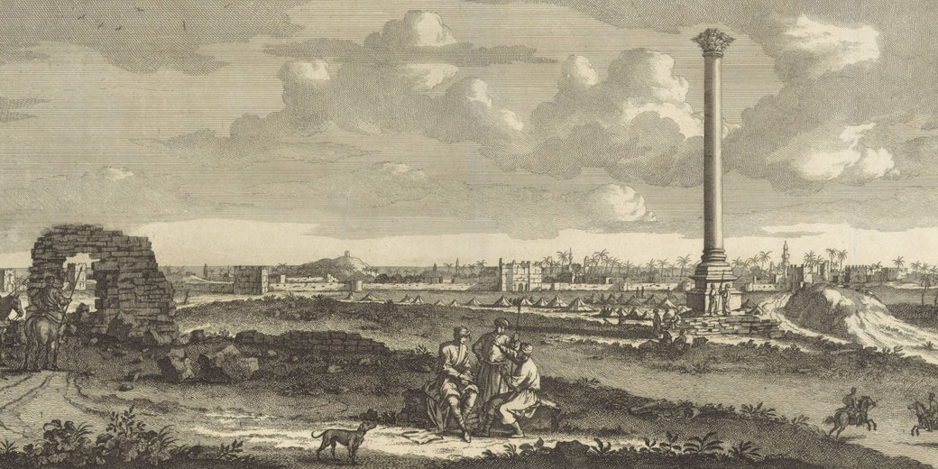 Etching by Jan Luyken after Cornelis de Bruyn, depicting Alexandria with figures conversing in the foreground.