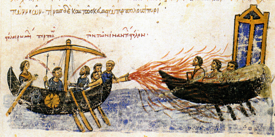 A medieval illustration depicts a Byzantine ship using Greek fire against an enemy vessel, with flames shooting from a siphon and panicked sailors aboard the burning ship.