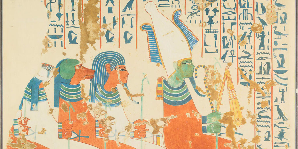 Facsimile of an ancient Egyptian tomb painting depicting Osiris with the Four Sons of Horus, created by Nina de Garis Davies in 1915.