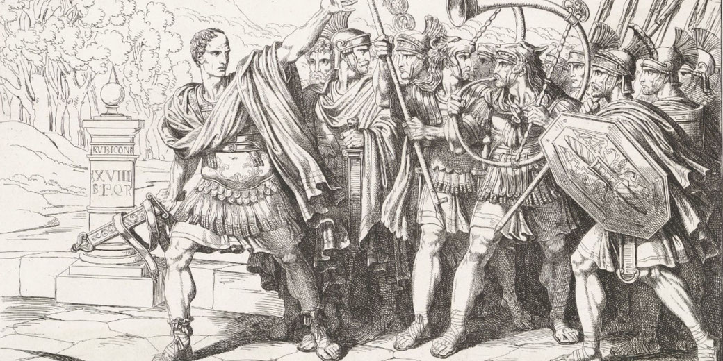 Etching by Bartolomeo Pinelli showing Julius Caesar leading troops across the Rubicon, symbolizing his defiance of Roman law.
