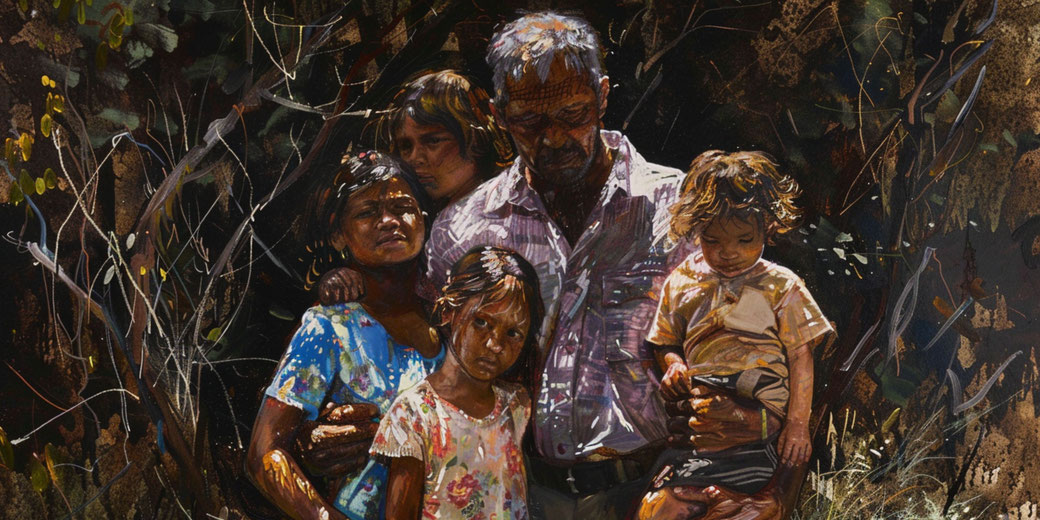 A painting of a somber family standing closely together in a dark, textured forest setting, their expressions reflecting hardship and resilience.