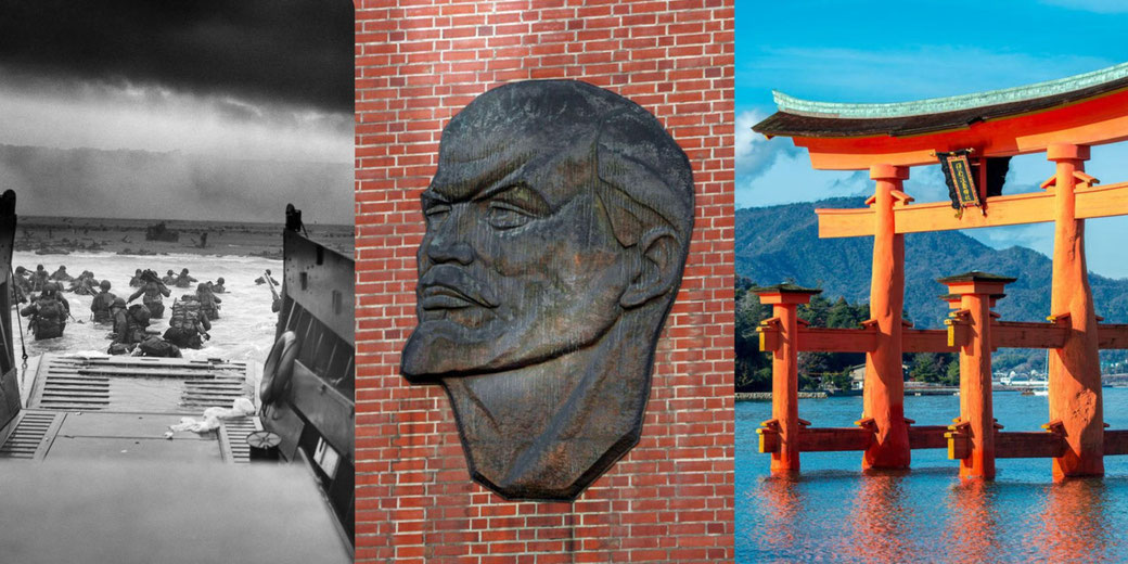 A triptych featuring D-Day landings, a Lenin relief, and a Japanese torii gate, representing major themes of modern history—World War II, communism, and cultural heritage.