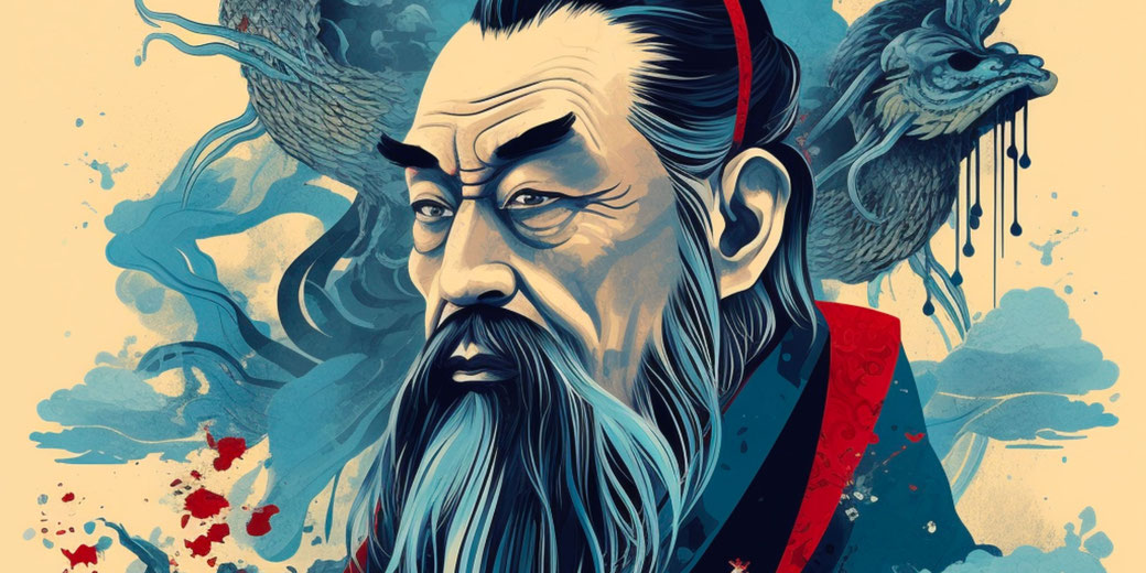 A stylized portrait of a wise ancient figure, likely Confucius, with flowing hair and beard, surrounded by swirling artistic elements and a dragon motif, symbolizing wisdom and Chinese heritage.