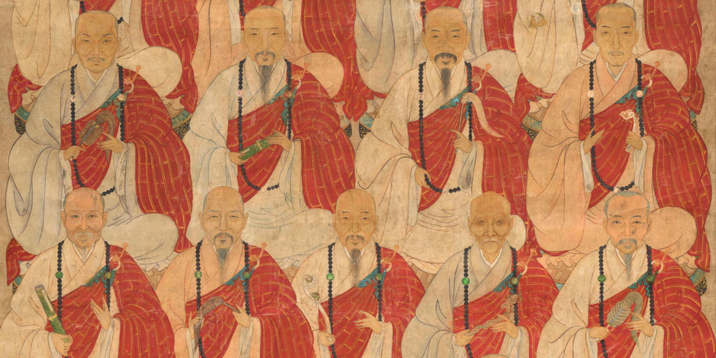 A group of Buddhist monks wearing red and white robes with intricate patterns. Each monk has distinct facial features and holds religious objects, with black bead necklaces adorning their attire.