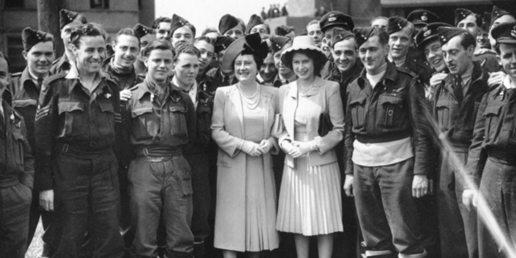 Queen Elizabeth and Princess Elizabeth visit RAF No. 622 Squadron in England; RAAF Flight Sergeant visible in foreground.