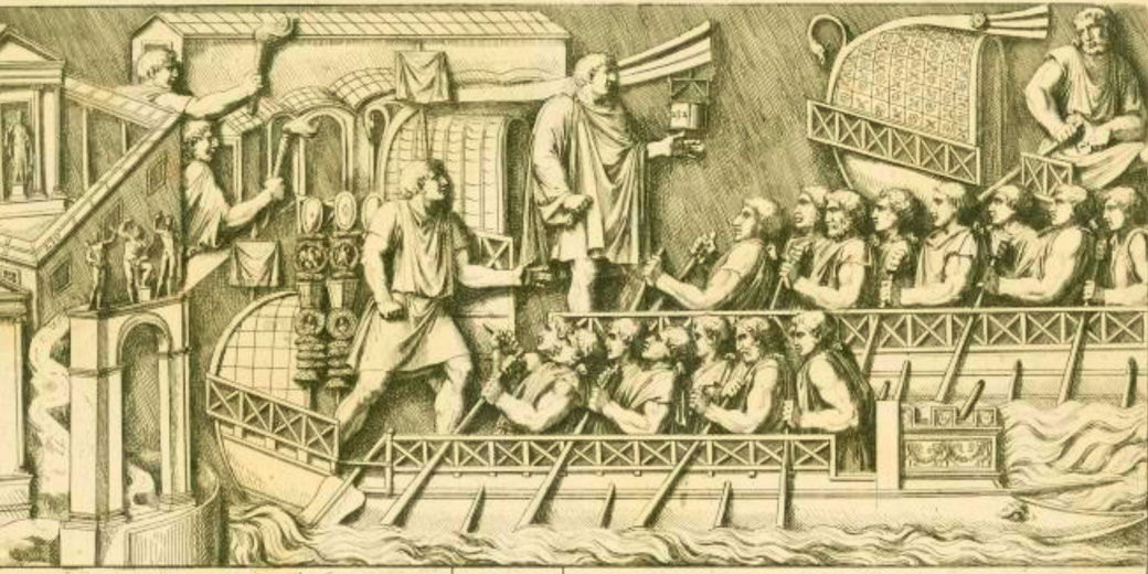 Detailed engraving of a large ancient galley ship with rows of oarsmen, figures on deck, and grand architectural structures in the background.