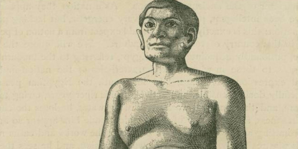 Black and white woodcut of a bare-chested ancient Egyptian scribe gazing upward, rendered with fine crosshatch shading and bold contours, emphasizing his torso, head, and expressive features.