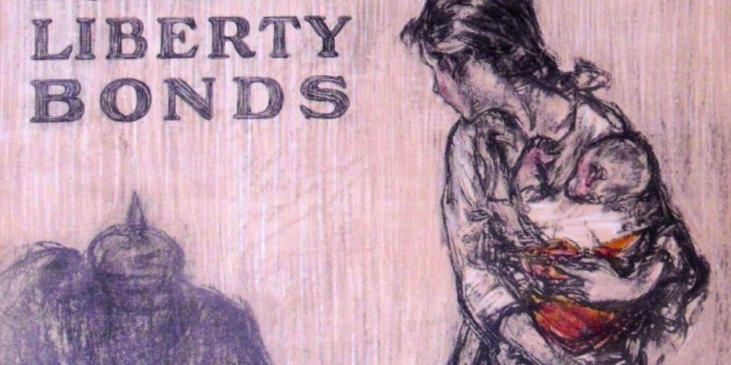World War I propaganda poster promotes Liberty Bonds, depicting a mother clutching her child while a dark, menacing figure with a spiked helmet looms, symbolizing the German threat to civilians.