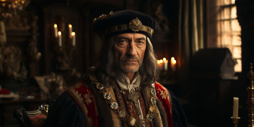 A regal man with long hair, wearing a black cap adorned with gold embroidery and jewels, and a red robe with ornate designs, seated in a dimly lit, richly decorated room.