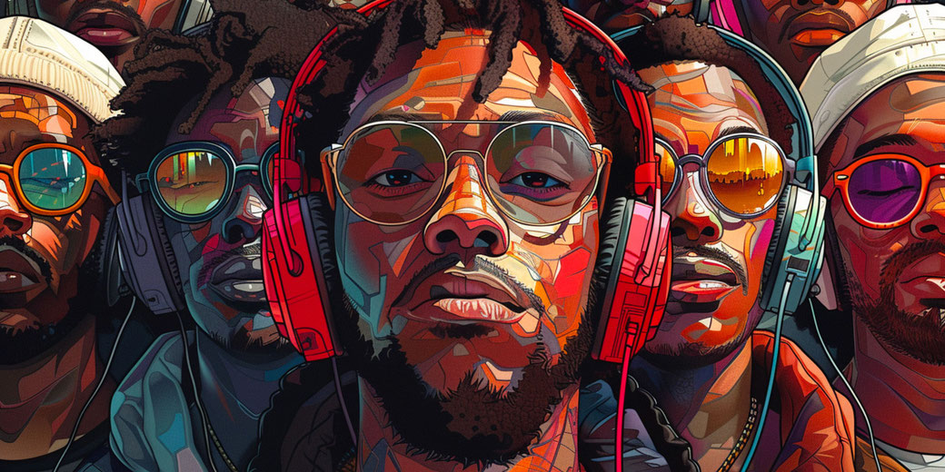 Digital illustration of a confident man in colorful headphones and glasses, surrounded by mirrored versions of himself in vivid, stylized pop art.