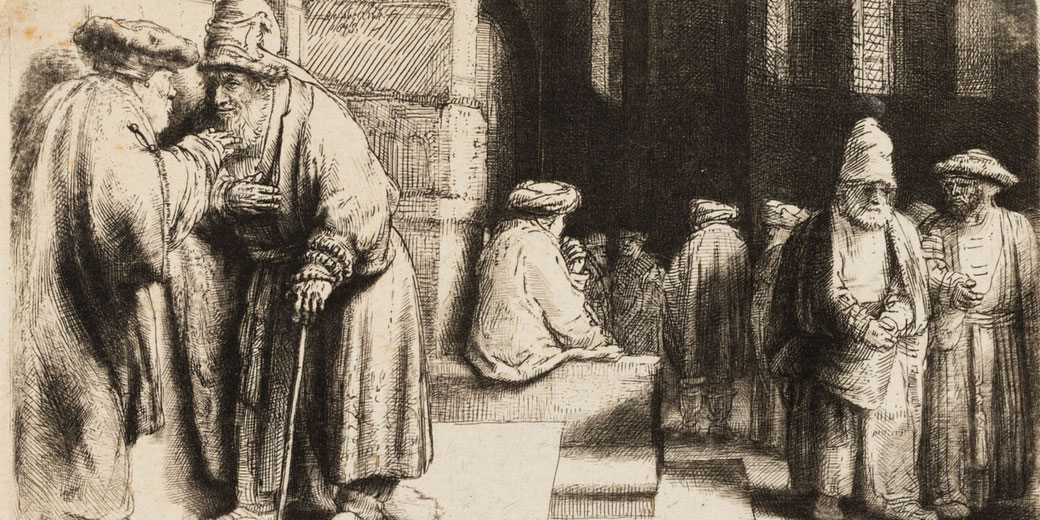 Rembrandt's etching portrays figures engaged in study and discussion within a synagogue setting.