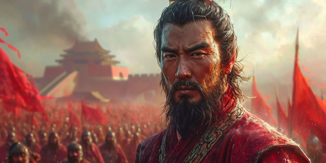 A fierce warrior in red armor standing before an army with red banners, set against a burning palace.