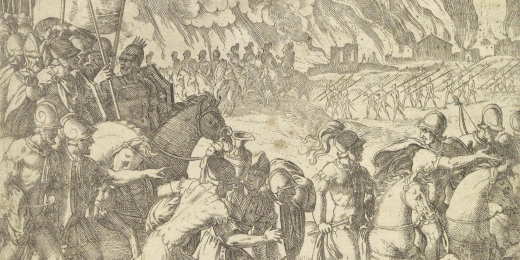 Etching by Giovanni Battista Fontana depicting Veii soldiers battling Romulus's army to avenge Fidenae.