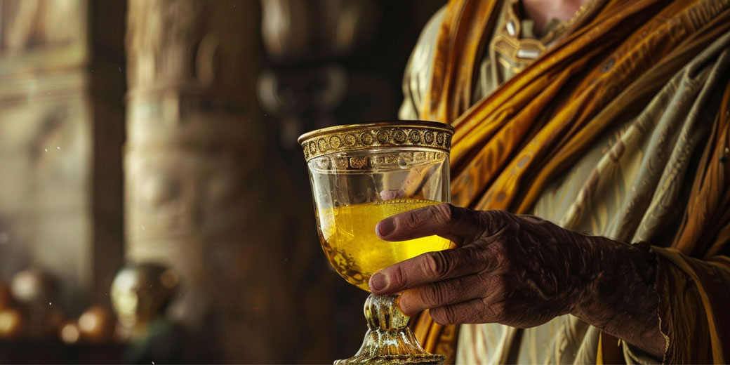 An elderly hand holds a golden-rimmed goblet filled with yellow liquid, against a backdrop of rich robes and classical decor.