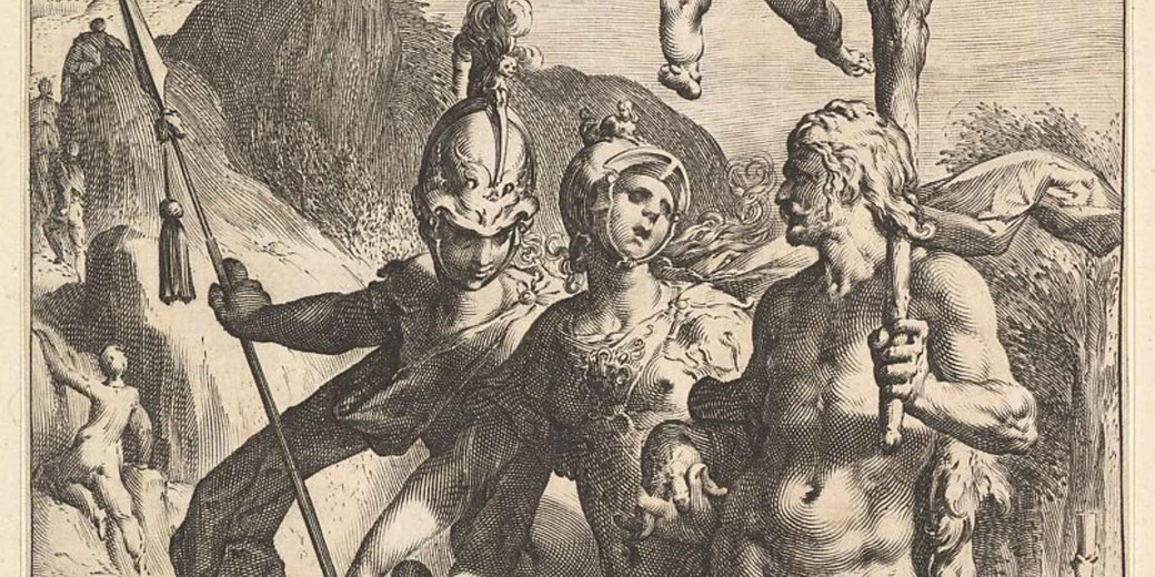 Engraving showing Minerva guiding Hercules and Scipio along a rocky path toward the Temple of Fame, turning them away from a group engaged in earthly pleasures.