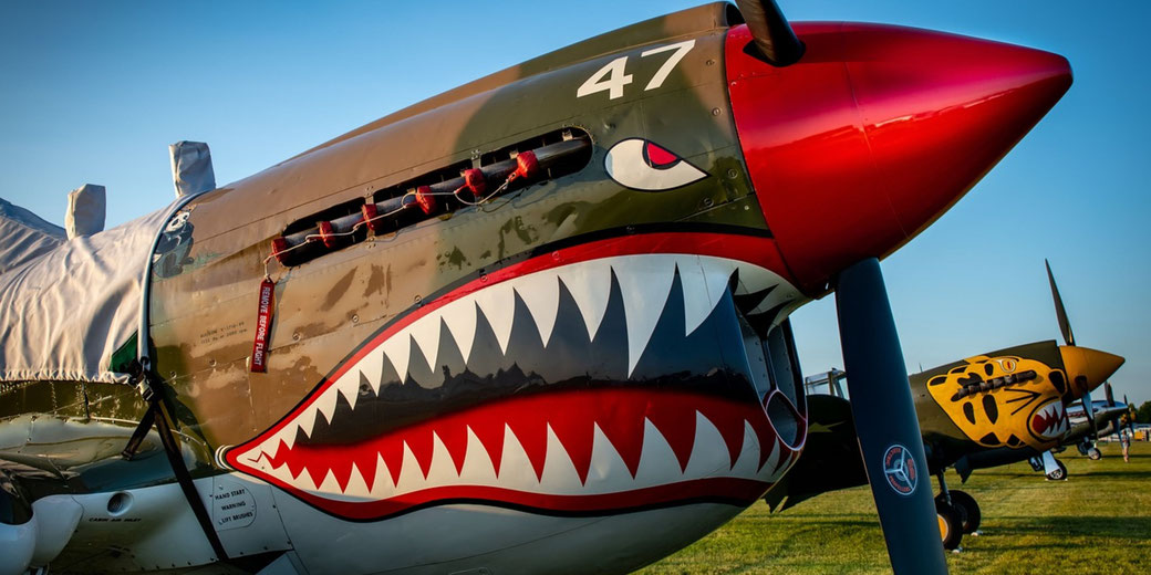 Close-up of a WWII fighter plane with a shark mouth painted on the nose, parked on grass under clear blue sky.