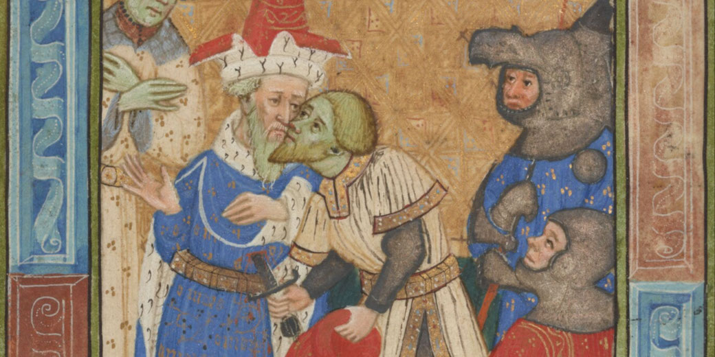 A 13th-century illuminated manuscript miniature depicting a biblical scene, rendered in vibrant colors and intricate detail.